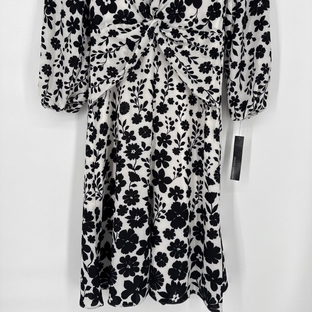 MAGGY LONDON Size 0 Black And White Floral Twist Front Midi Dress NWT - Picture 9 of 14
